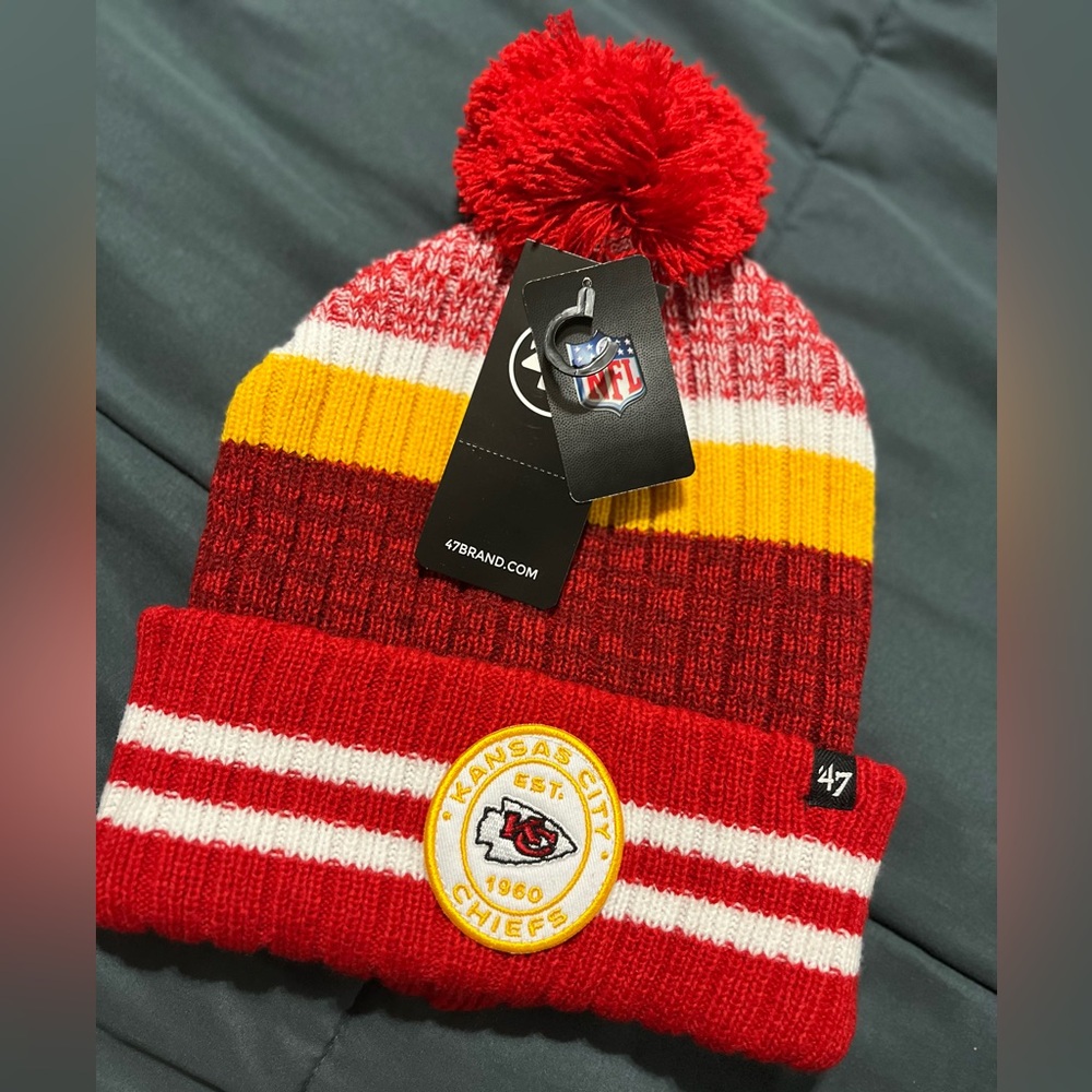 47 Kansas City Chiefs Red, Yellow & White Pom Cuffed Beanie